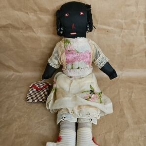 Primitive BLACK FOLK ART  FABRIC HANDMADE  HANDSTITCHED FACE DOLL 11"
